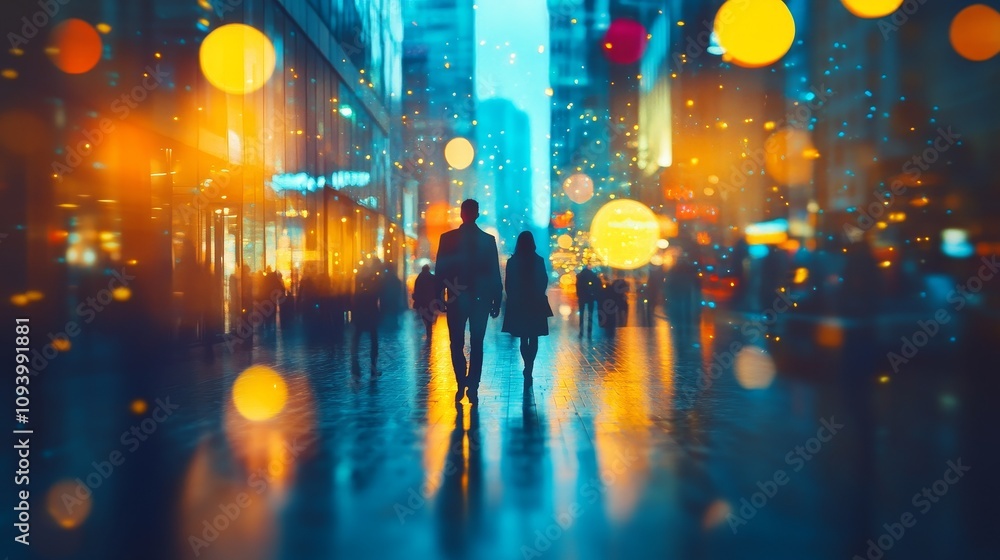 Blurred background with a mix of vibrant cityscape, silhouettes of men and women in a first-person perspective, featuring blue, yellow, and greenish-blue tones, creating depth of field effect. Blurred background with a mix of vibrant cityscape, silhouettes of men and women in a first-person perspective, featuring blue, yellow, and greenish-blue tones, creating depth of field effect.