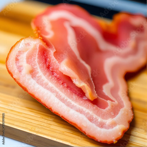 A fresh slice of bacon showcasing its rich layers of meat and fat, perfect for culinary backgrounds and food photography.