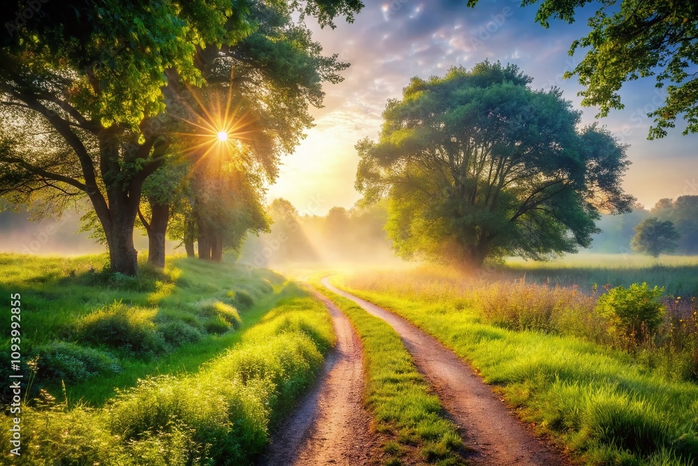 Serene Pathway Through Misty Fields Illuminated by Sunbeams, Capturing the Tranquility of Nature in a Bokeh Effect for a Dreamy Landscape Experience Serene Pathway Through Misty Fields Illuminated by Sunbeams, Capturing the Tranquility of Nature in a Bokeh Effect for a Dreamy Landscape Experience