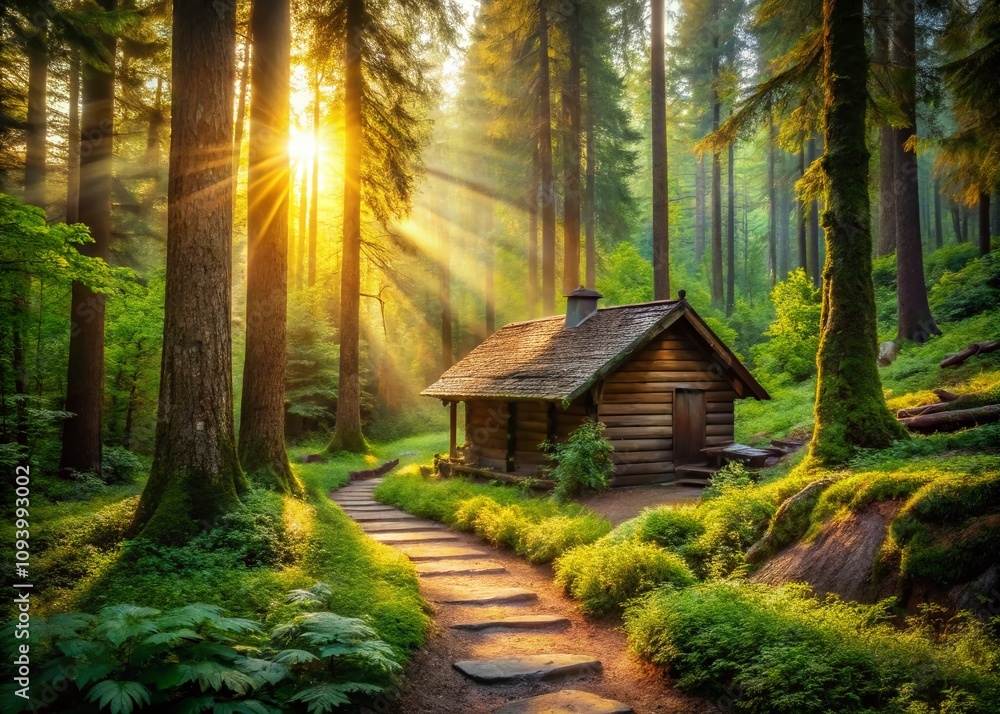 Serene Pixelated Forest Path Leading to a Rustic Cabin Embraced by Nature's Beauty in Architectural Photography Serene Pixelated Forest Path Leading to a Rustic Cabin Embraced by Nature's Beauty in Architectural Photography