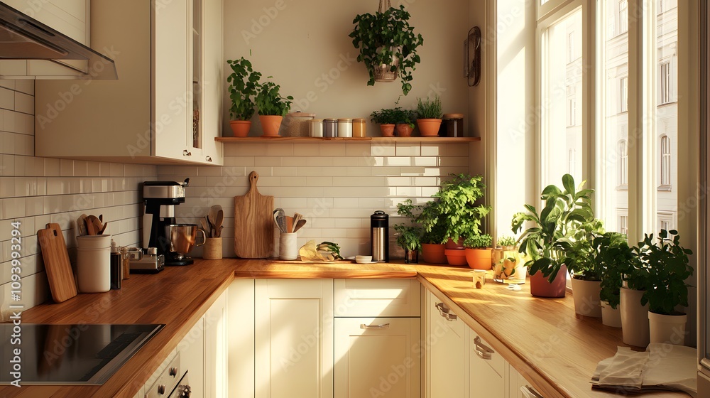 A bright and functional kitchen-office combo with wooden countertops and a small plant corner A bright and functional kitchen-office combo with wooden countertops and a small plant corner