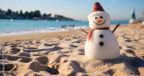 A cheerful snowman stands on a sunny beach near a calm ocean on a winter day