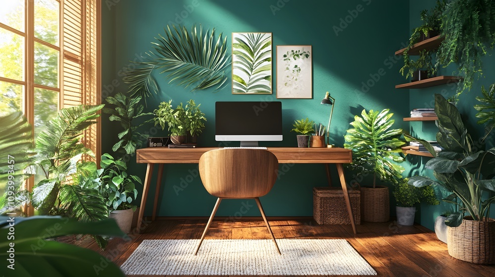 A vibrant and lush workspace filled with natural textures, a wooden desk, and tropical plants A vibrant and lush workspace filled with natural textures, a wooden desk, and tropical plants