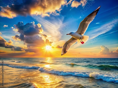 Serene Seascape with a Seagull in the Sky Overlooking Calm Waters, Perfect for Coastal Themes and Nature Lovers photo