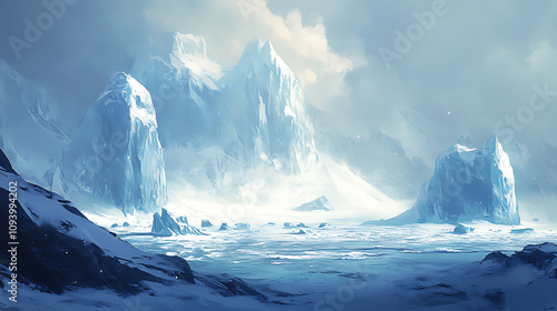 Wallpaper Mural A wintry seascape of jagged icebergs and snow-covered terrain, highlighting the stark beauty of the polar region.  Torontodigital.ca