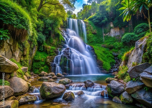 Serene Small Waterfall at Rio de Avandaro in Bridal Veil Waterfall Park, Valle de Bravo, Mexico - Captivating Nature Scene with Lush Greenery and Tranquil Water Flow
