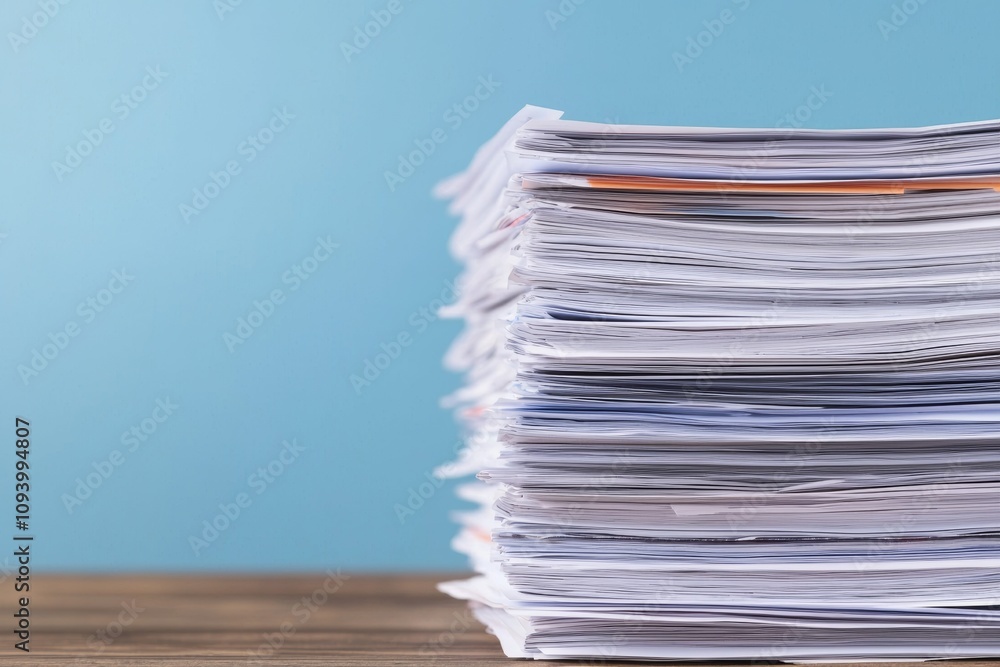 A close-up image of a neatly stacked pile of papers on a wooden surface with a soft blue background. A close-up image of a neatly stacked pile of papers on a wooden surface with a soft blue background.