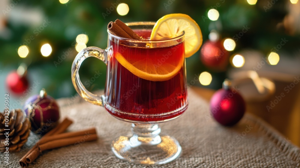 Holiday setting with a glass of hot mulled wine, adorned with slices Holiday setting with a glass of hot mulled wine, adorned with slices