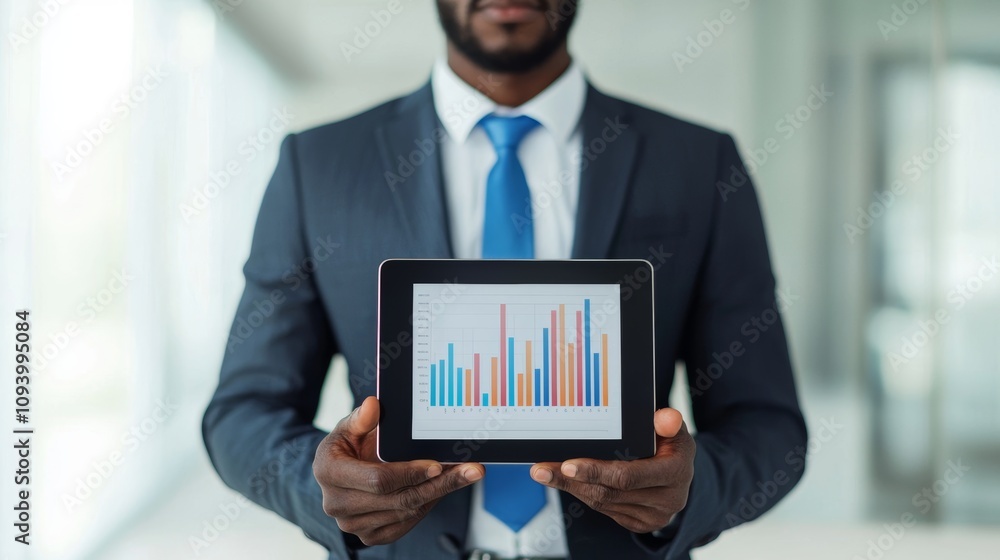 A professional man in a suit holds a tablet displaying colorful bar graphs, suggesting a focus on data analysis and business insights. A professional man in a suit holds a tablet displaying colorful bar graphs, suggesting a focus on data analysis and business insights.