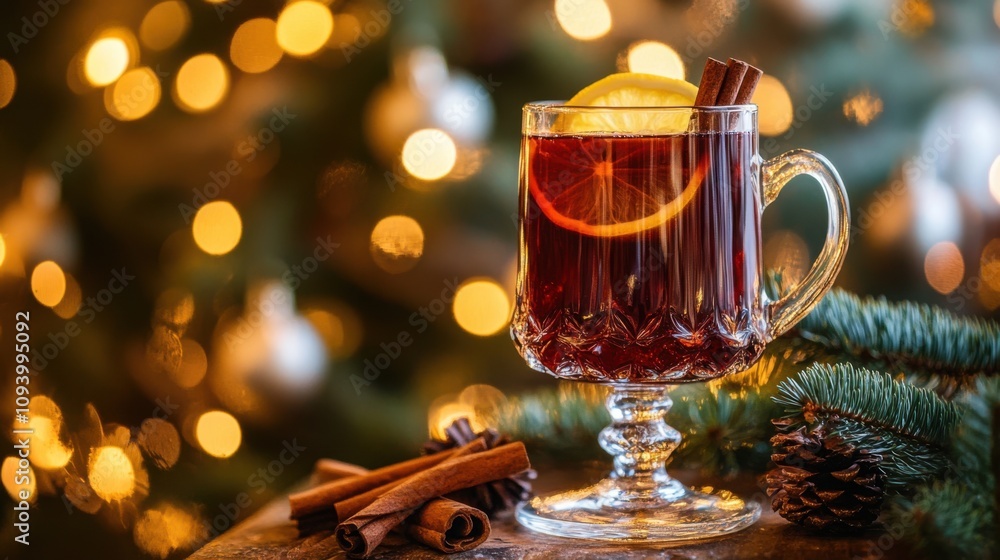 Holiday setting with a glass of hot mulled wine, adorned with slices Holiday setting with a glass of hot mulled wine, adorned with slices