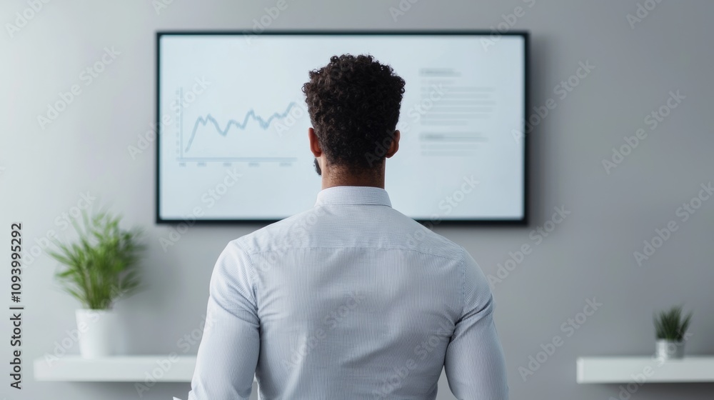 A man in a striped shirt observes a screen displaying graphs, immersed in analysis and strategic planning in a modern workspace. A man in a striped shirt observes a screen displaying graphs, immersed in analysis and strategic planning in a modern workspace.