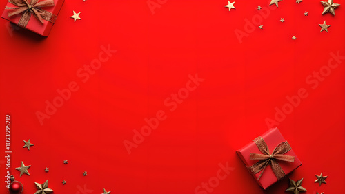 Christmas Gift Boxes and Stars on Red Background. Concept of Holiday Celebration.