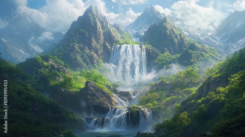A breathtaking landscape featuring majestic mountains and cascading waterfalls.