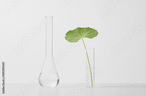 A glass test tube and an acrylic cylindrical vase, filled with water and a single green lotus leaf on a white background photo