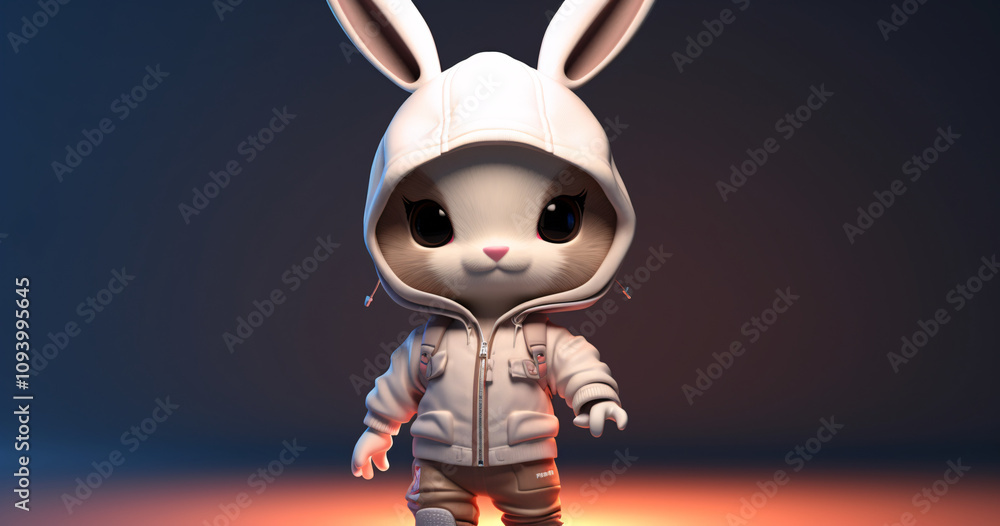 Cute bunny character wearing a stylish grey hoodie and sweatpants stands confidently against a gradient background at dusk, showcasing a playful and trendy design Cute bunny character wearing a stylish grey hoodie and sweatpants stands confidently against a gradient background at dusk, showcasing a playful and trendy design