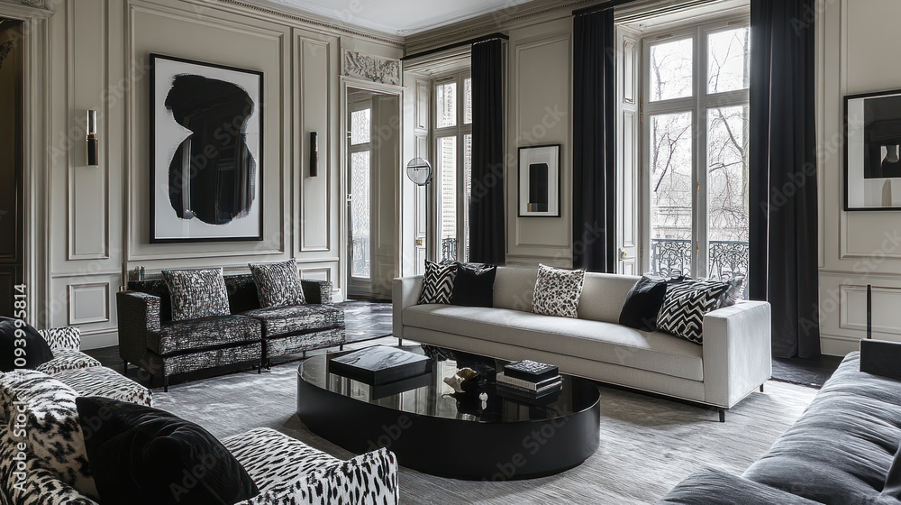 Modern living room with elegant furnishings and monochrome decor. Modern living room with elegant furnishings and monochrome decor.