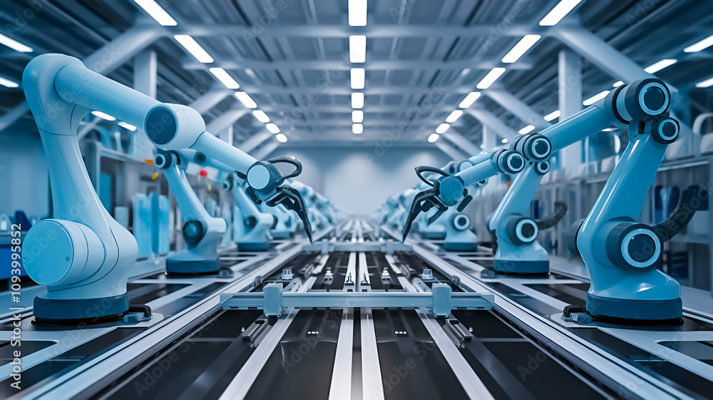 Advanced Robotic Arms in Modern Automated Factory. Advanced Robotic Arms in Modern Automated Factory.