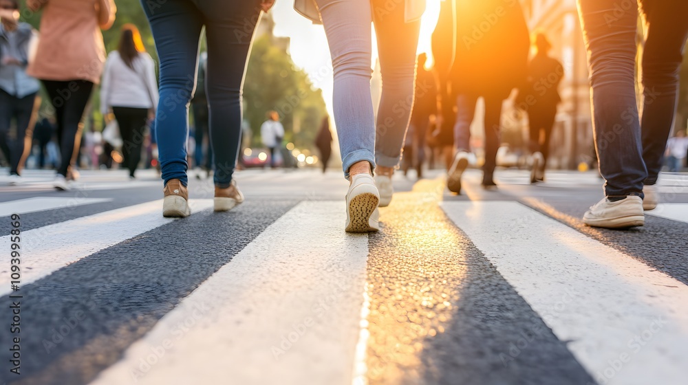 Fototapeta premium A pedestrian crosswalk with diverse people walking across in an organized urban area
