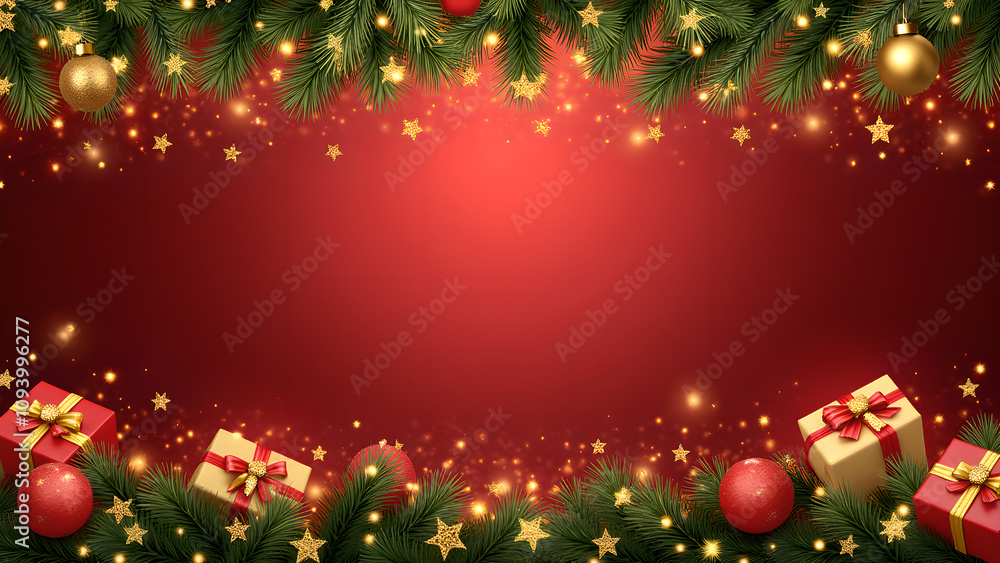 Christmas red background with fir branches, gifts, and golden lights. Concept of celebration, joy, and winter holidays. Christmas red background with fir branches, gifts, and golden lights. Concept of celebration, joy, and winter holidays.