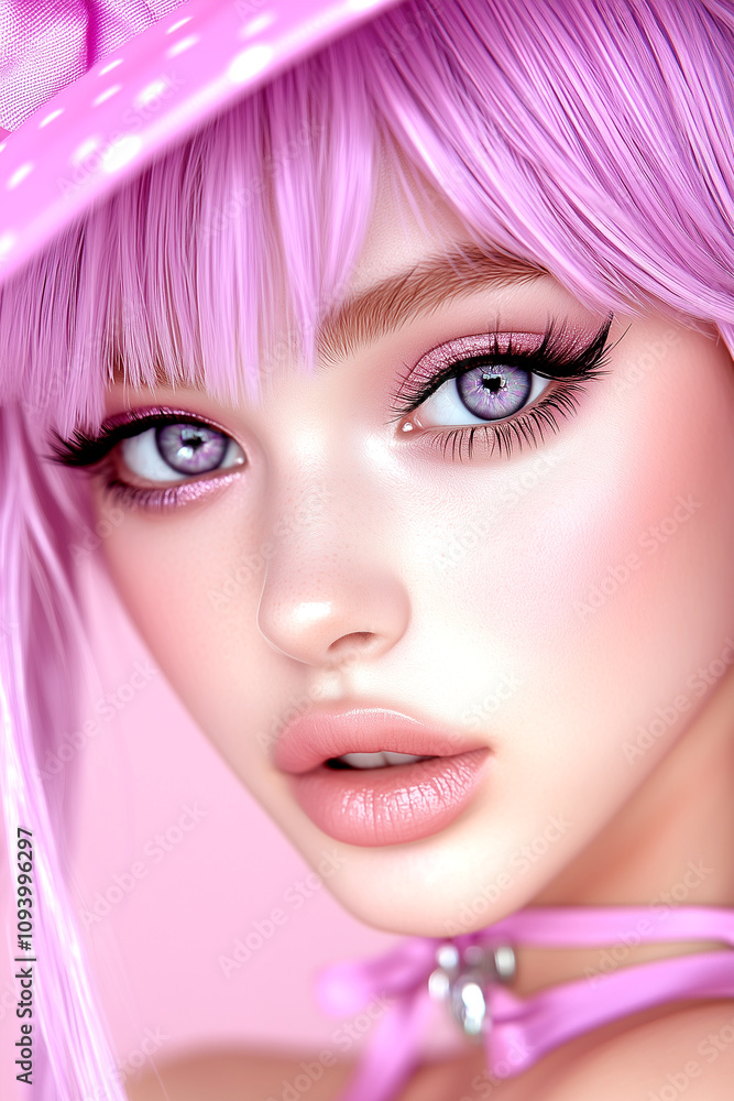 A woman with pink hair and purple eyes is wearing a pink hat A woman with pink hair and purple eyes is wearing a pink hat