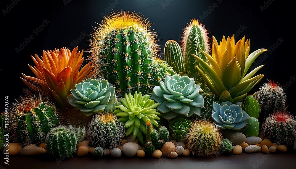 Various cacti and succulents arranged on a black background. Various cacti and succulents arranged on a black background.
