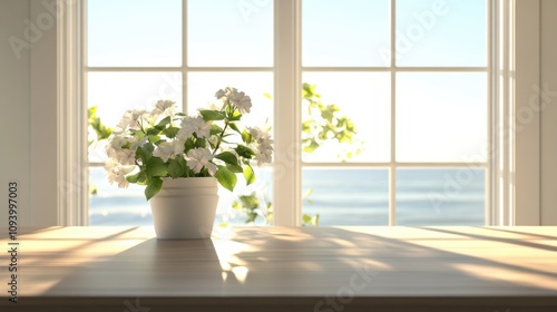 Sunlight streaming onto a sleek kitchen countertop in a beach house,