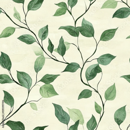 Seamless pattern of cascading vines and leaves with subtle textures and natural greens