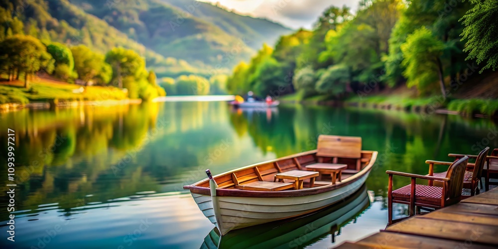 Serene Tilt-Shift Photography of Empty Seats on a Boat, Capturing a Tranquil Scene of Abandonment on the Water Surrounded by Nature's Beauty in Soft Focus Serene Tilt-Shift Photography of Empty Seats on a Boat, Capturing a Tranquil Scene of Abandonment on the Water Surrounded by Nature's Beauty in Soft Focus