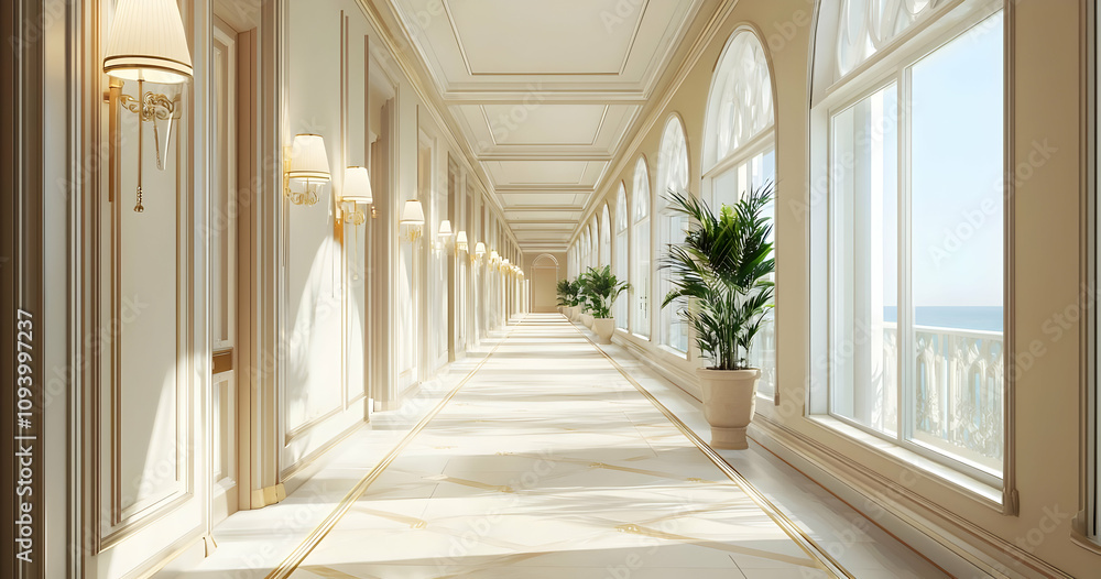 Spacious, well-lit hotel corridor with modern decor for an inviting look. Spacious, well-lit hotel corridor with modern decor for an inviting look.