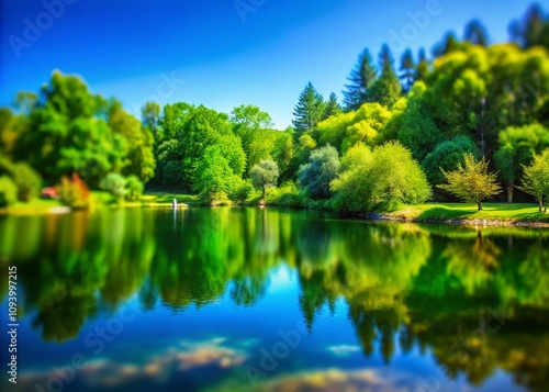 Serene Tilt-Shift Photography of a Tranquil Petit Lac Surrounded by Lush Greenery, Capturing the Essence of Nature's Beauty in a Miniature Landscape Scene