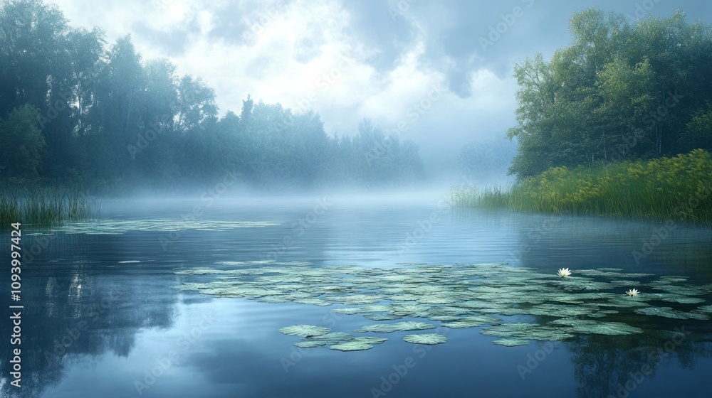A serene lake surrounded by misty trees and lily pads, evoking tranquility and nature's beauty.