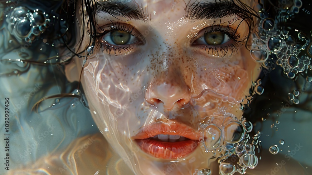 Close-Up Portrait of a Woman Submerged in Water with Bubbles Close-Up Portrait of a Woman Submerged in Water with Bubbles