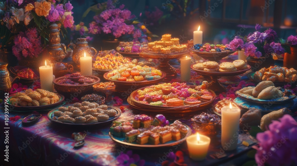 Vibrant scene of a Diwali party spread with a variety of Indian sweets Vibrant scene of a Diwali party spread with a variety of Indian sweets