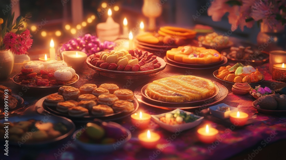 Vibrant scene of a Diwali party spread with a variety of Indian sweets Vibrant scene of a Diwali party spread with a variety of Indian sweets