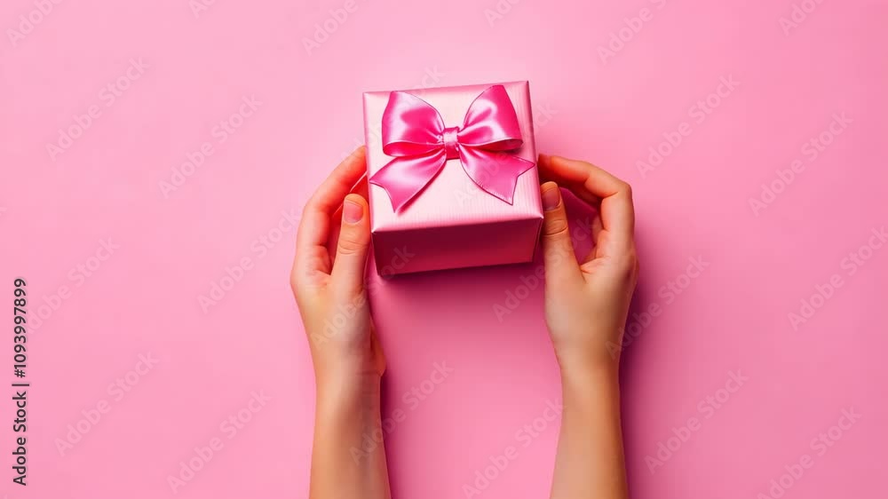 Hands holding a small pink gift box with a bow on a vibrant pink background Hands holding a small pink gift box with a bow on a vibrant pink background