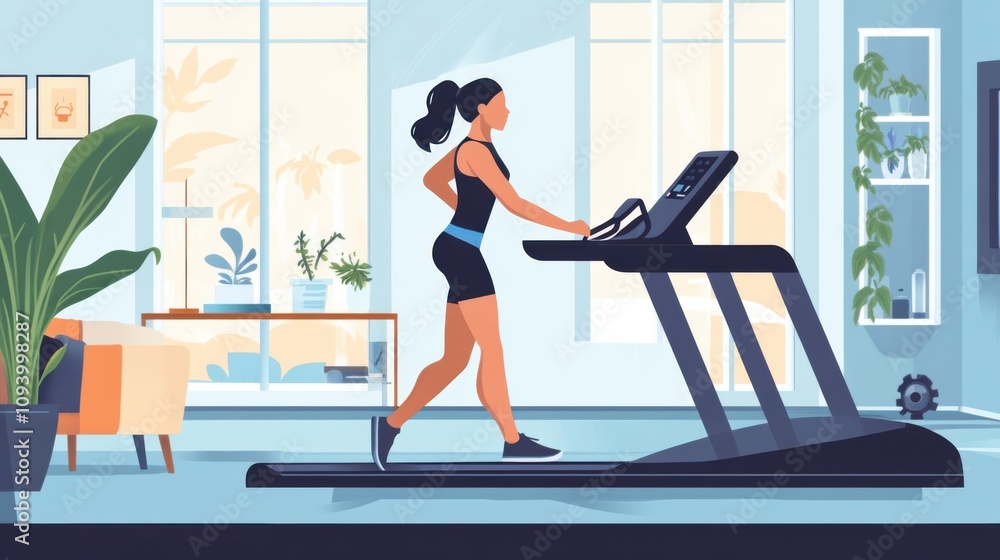 Woman in sleek activewear using a treadmill in a spacious living room, Woman in sleek activewear using a treadmill in a spacious living room,