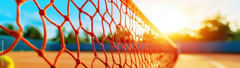 A vibrant sunset casts golden light over a tennis court, highlighting the net and a tennis ball, creating a serene sports atmosphere. A vibrant sunset casts golden light over a tennis court, highlighting the net and a tennis ball, creating a serene sports atmosphere.