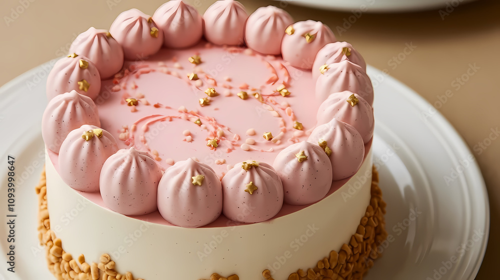 Pink Frosted Cake with Meringue and Gold Sprinkles Pink Frosted Cake with Meringue and Gold Sprinkles