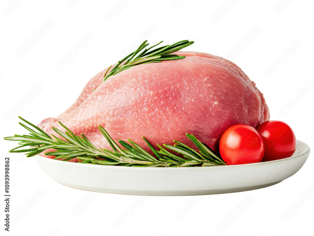 Fresh Raw Poultry Breast with Sprigs of Rosemary and Cherry Tomatoes on a White Plate, Perfect for Culinary Preparation and Healthy Meals Fresh Raw Poultry Breast with Sprigs of Rosemary and Cherry Tomatoes on a White Plate, Perfect for Culinary Preparation and Healthy Meals