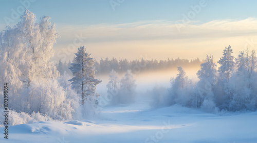 Frosty landscapes shrouded in light morning mist, with hazy views of a distant forest under a cold sky. 