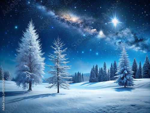 Serene Winter Night Landscape with Minimalist Aesthetic Showcasing Snow-Covered Trees and a Starry Sky in a Tranquil Setting Perfect for Seasonal Decor and Winter Themes