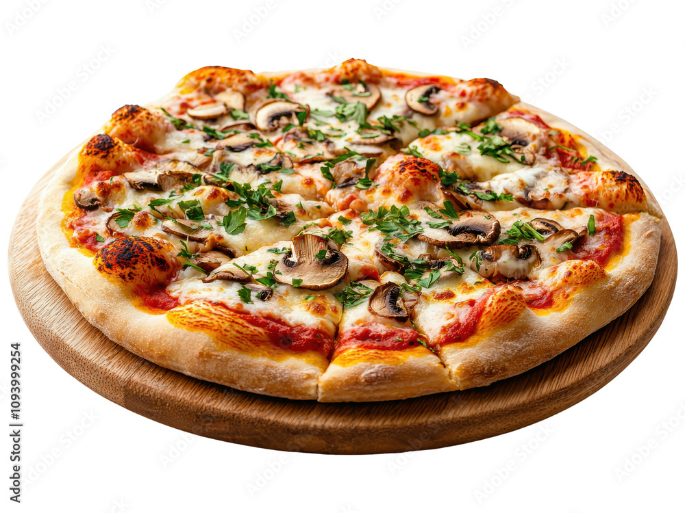 Delicious fresh pizza topped with mushrooms, cheese, and herbs on a wooden board ideal for food lovers and culinary enthusiasts seeking tasty meal inspiration Delicious fresh pizza topped with mushrooms, cheese, and herbs on a wooden board ideal for food lovers and culinary enthusiasts seeking tasty meal inspiration