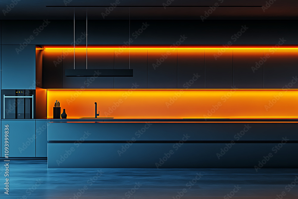 Modern Dark Kitchen Interior Design with Orange Lighting. Sleek Minimalist Architecture and Contemporary Home Space. Luxury and Elegant Style Modern Dark Kitchen Interior Design with Orange Lighting. Sleek Minimalist Architecture and Contemporary Home Space. Luxury and Elegant Style