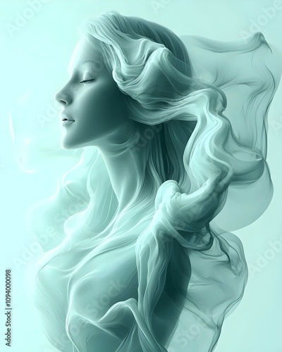 A serene portrait of a young woman with flowing, ethereal hair, captured in soft teal hues, embodying tranquility and elegance.