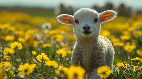 Adorable Lamb in Yellow Flower Meadow, Springtime Delight