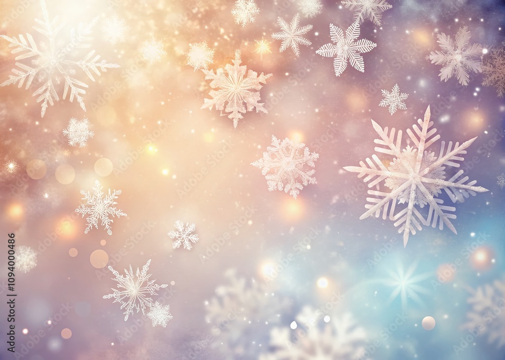 Shimmering Snowflakes Gently Falling on a Soft Pastel Pearlescent Background, Creating a Dreamy Winter Atmosphere with Space for Text and Design Elements Shimmering Snowflakes Gently Falling on a Soft Pastel Pearlescent Background, Creating a Dreamy Winter Atmosphere with Space for Text and Design Elements