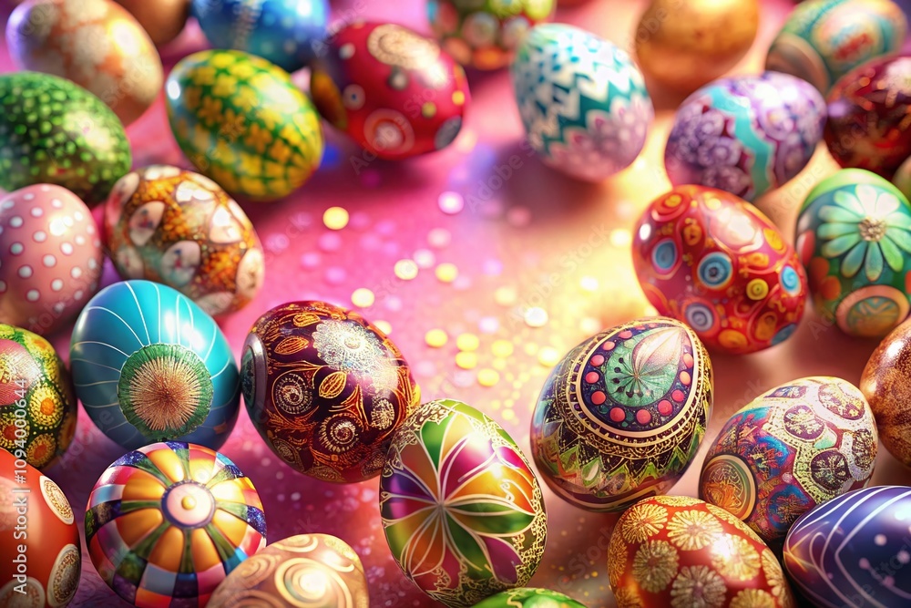 Shiny Round Stand Displaying Decorative 3D Eggs for Easter Festivities with Copy Space for Product Placement and Seasonal Promotions Shiny Round Stand Displaying Decorative 3D Eggs for Easter Festivities with Copy Space for Product Placement and Seasonal Promotions