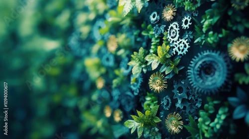 A blend of nature and machinery, showcasing gears intertwined with leaves.