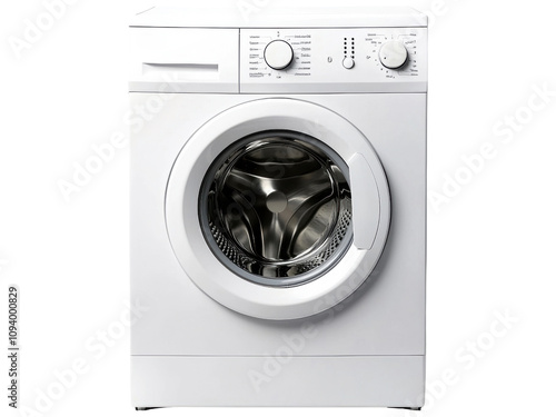 Modern Front-Load Washing Machine in Sleek White Finish with User-Friendly Control Panel Featuring Wash Cycle Settings and Large Door Opening for Easy Loading photo