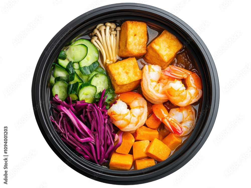 Colorful and Healthy Asian Cuisine Bowl with Shrimp, Tofu, Fresh Vegetables, and Rich Broth Ideal for Food Photography and Healthy Eating Concepts Colorful and Healthy Asian Cuisine Bowl with Shrimp, Tofu, Fresh Vegetables, and Rich Broth Ideal for Food Photography and Healthy Eating Concepts